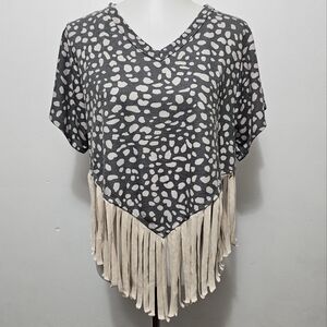 Peach Love California Gray & Cream Leopard Fringe Dolman Sweatshirt Size Small